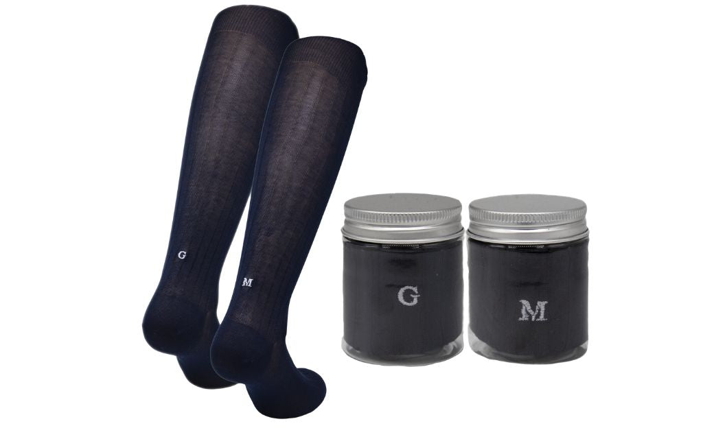 Blue Socks for Men with Gray Initials - Stretch Lisle - Size 40/45 - 151