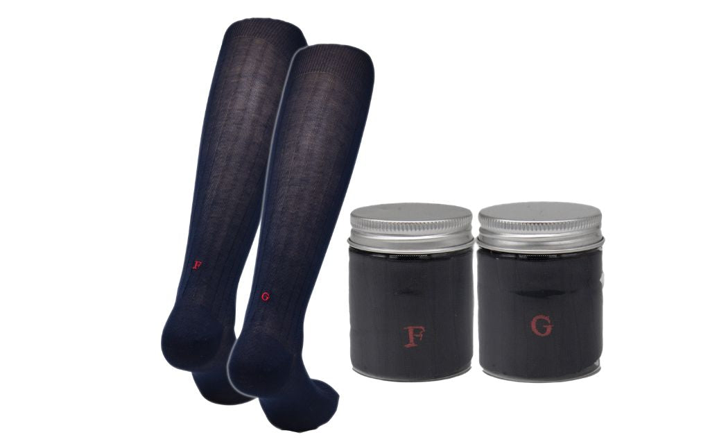 Chaussettes côtelées bleues pour homme avec initiales rouges - Fil d'Écosse stretch - Taille 40/45 - 160