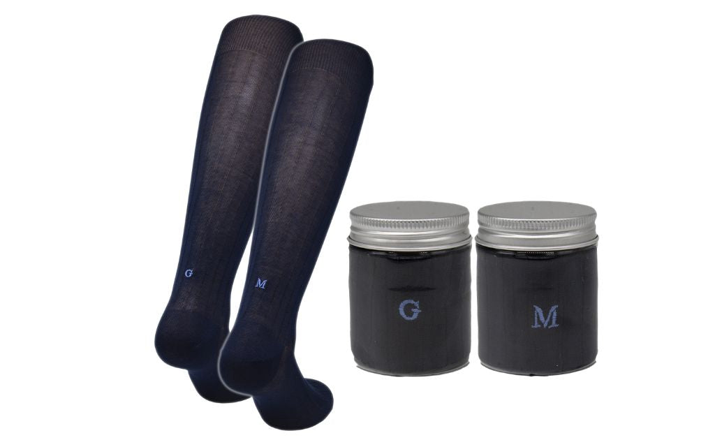 Chaussettes côtelées bleues pour homme avec Initiales Royales - Fil d'Écosse stretch - Taille 40/45 - 162